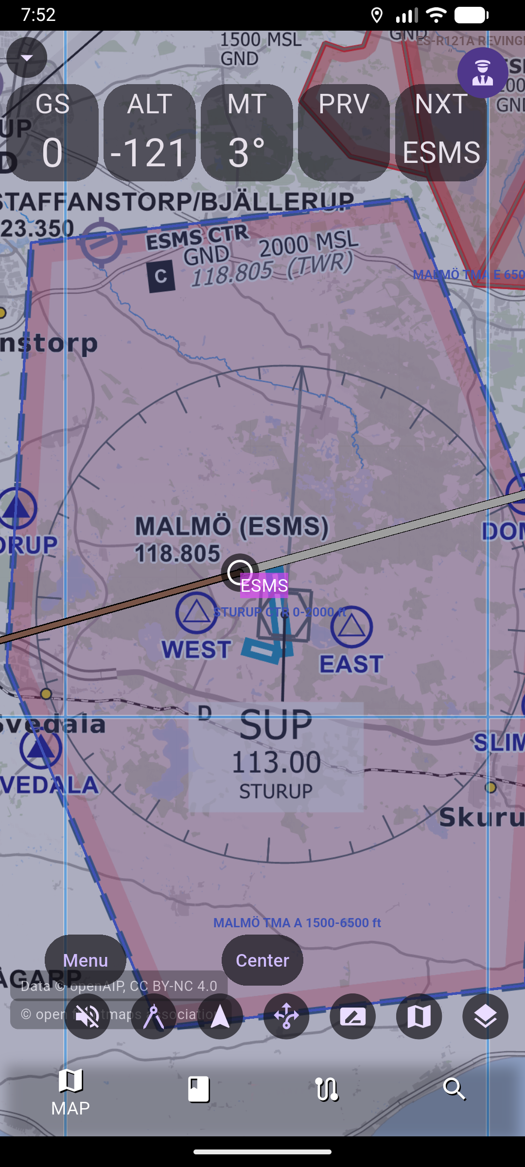 AvareX-EU moving map showing OpenFlightMaps VFR chart of Malmö (ESMS) with Malmö TMA/CTR airspace, openAIP data and flight instrument tiles