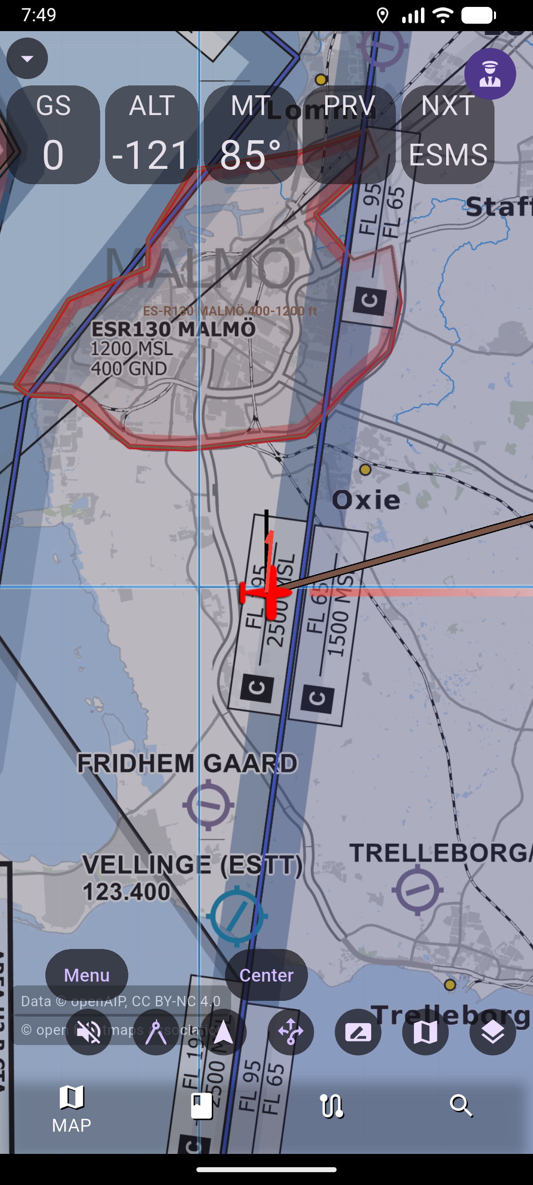 AvareX-EU moving map with red ownship symbol over Malmö, showing ESR130 restricted area and stepped CTR/TMA airspace on the OpenFlightMaps VFR chart